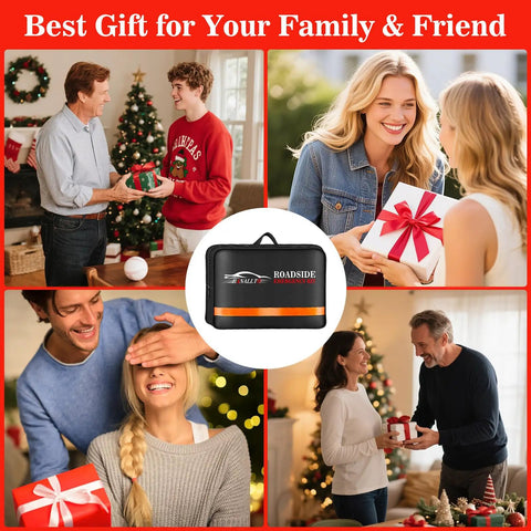 Roadside Emergency Kit For Cars And Trucks featured as a holiday gift idea with images of people exchanging presents.