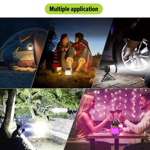 Beastly Bright 1500 Lumen Solar Panel Charging Camping Lantern used in different scenarios including camping and emergencies.