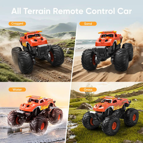 Waterproof Monster Truck Toy 1 To 16 Scale Amphibious Remote Control Car driving on diverse terrains like sand and water