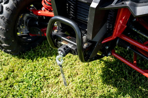 Front view of UTV Winch Mounting Plate For Honda Talon 2019 To 2021 Black beefy heavy duty thick steel on grass