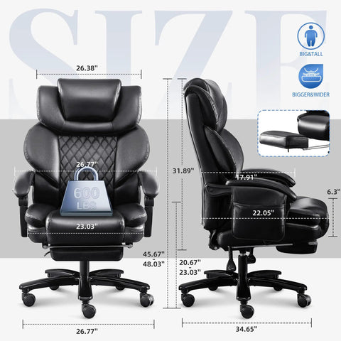 3D Kneading Massage Office Chair For Home Office Oversized Big And Tall Ergonomic Desk Chair dimensions shown