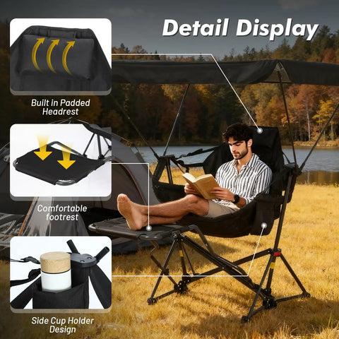 Man relaxing on Portable Folding Hammock Camping Chair With Canopy And Footrest by a lake