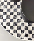 Close-up of Lazy Susan Organizer With Boho Checkered Mother Of Pearl Inlay 12 Inch Rotating Tray showing checkerboard pattern.
