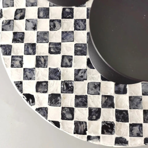 Close-up of Lazy Susan Organizer With Boho Checkered Mother Of Pearl Inlay 12 Inch Rotating Tray showing checkerboard pattern.