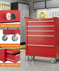 Five Drawer Rolling Tool Chest With Wheels And Central Lock System, Pro Grade Secure Storage Cabinet For Warehouse, Workshop, And Repair Shop, Portable Tool Box On Casters, Heavy Duty Red in workshop
