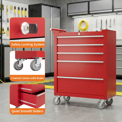 Five Drawer Rolling Tool Chest With Wheels And Central Lock System, Pro Grade Secure Storage Cabinet For Warehouse, Workshop, And Repair Shop, Portable Tool Box On Casters, Heavy Duty Red in workshop