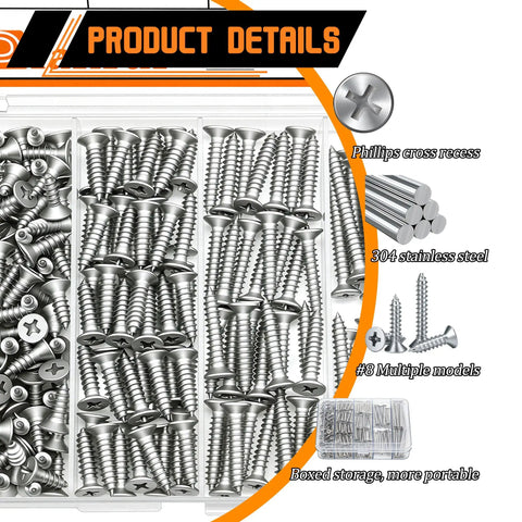 Stainless Steel No 8 Wood And Sheet Metal Screws Kit 200 Pc Assortment in box with Phillips drive, 304 marine grade.