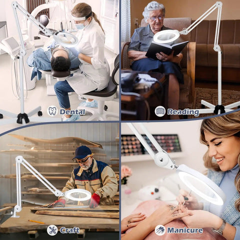 Magnifying Glass With Light And Stand For Salon Esthetics On A Rolling Floor Lamp Base With Five Color Modes And Stepless Dimming HD Optical Glass Lens Delivers 10X Clarity For Facials And Skincare Procedures useful for dental, reading, craft, manicure work.