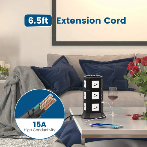 Beefy Heavy Duty Surge Protector Power Strip Tower With 12 AC Outlets, 3000W 15A, 5 USB Ports on a living room table