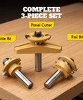 3 Piece Shaker Cabinet Door Router Bit Set With Height Matched Bits for precise grooves, shown on a wooden surface.