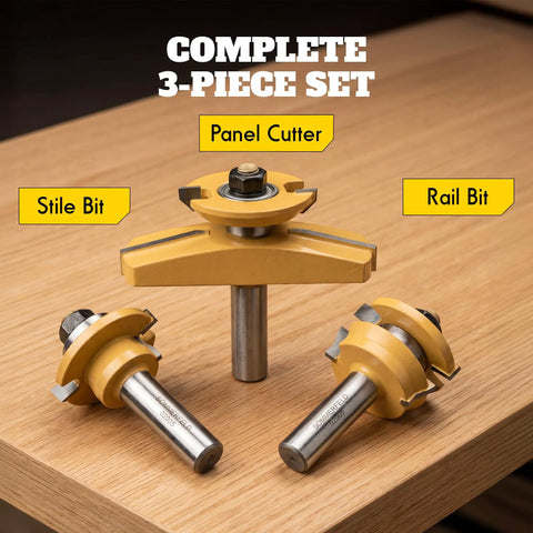 3 Piece Shaker Cabinet Door Router Bit Set With Height Matched Bits for precise grooves, shown on a wooden surface.