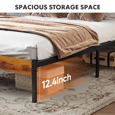Heavy Duty Full Size Bed Frame With Headboard And Footboard, showing 12.4 inch underbed storage space, sturdy structure.