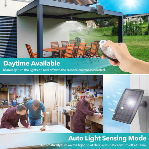 Dual Head Solar Pendant Lights With Remote for Outdoor and Indoor Use in patio and workshop settings, daytime view, sensor mode