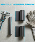 Heavy Duty Weld On Gate Hinges Set Weldable 4mm Thick Solid Steel Hinges for trailer garage industrial doors and metal driveway gates 10 pcs durable black finish corrosion resistant on concrete background with caliper and glove