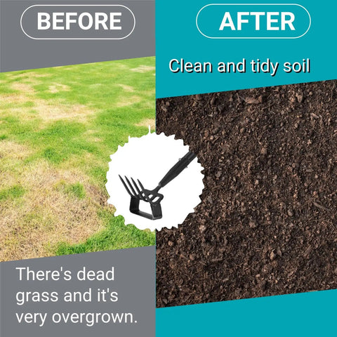 Before and after garden transformation using Dual Head Garden Hoe With Adjustable Handle For Weeding And Cultivation.