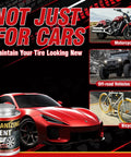 Vulcanizing Cement 8.5Oz All Purpose Tire Repair Glue With Brush Fast Dry Rubber Cement next to red car, motorcycle, jeep, and bicycle images.