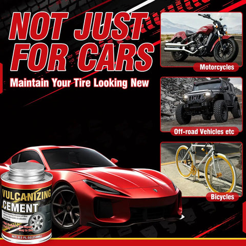 Vulcanizing Cement 8.5Oz All Purpose Tire Repair Glue With Brush Fast Dry Rubber Cement next to red car, motorcycle, jeep, and bicycle images.