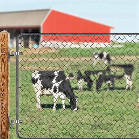 Bully Proof Stainless Steel Gate Hinges 2 Pack Wall Mount Barn Hardware For Outdoor Livestock Fencing And Driveway Walls, featuring cows behind a chain link fence.