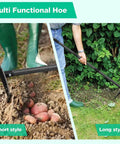 Heavy Duty Trenching Hoe With 60 Inch Handle For Weeding Cultivating Digging And Loosening Soil In Garden Beds And Landscaping Like A Pro A Sharp Edge Triangle Weeder For Quick Weed Removal And Soil Prep shown in use.