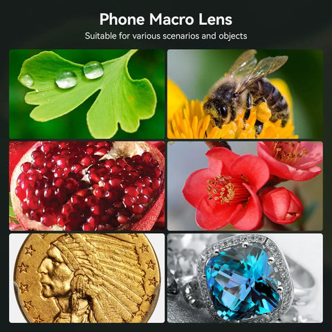Close-up photos using Smartphone Macro Lens With Five Element Glass Coated Optics for sharp images on various objects.
