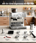 Dual Boiler Espresso Machine With Integrated Grinder And 20 Bar Pump Making Straight Up Barista Level Brews At Home on kitchen countertop.
