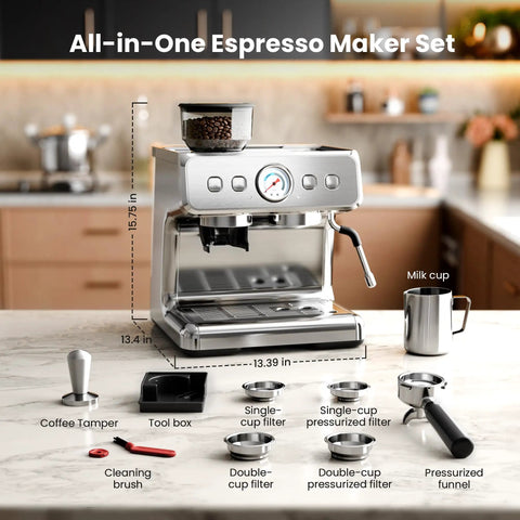 Dual Boiler Espresso Machine With Integrated Grinder And 20 Bar Pump Making Straight Up Barista Level Brews At Home on kitchen countertop.