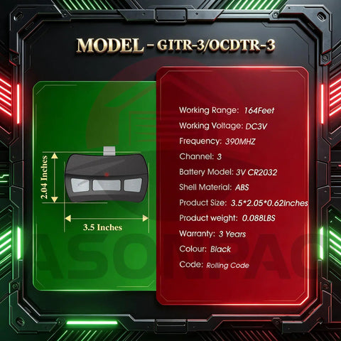 Diagram of 2 Pack Genie And Overhead Door Garage Door Opener Remote Replacement GITR 3 OCDTR 3, dimensions and specifications