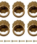 Set Of Six Antique Brass Ring Pulls For Drawers And Cabinets With Flower Shaped Discs In Bloom Design Made From Solid Brass
