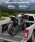 Pickup truck with motorcycle secured using Two Pack Retractable Ratchet Straps 2 Inch By 10 Foot Tie Down Straps With S Hooks And Soft Loops