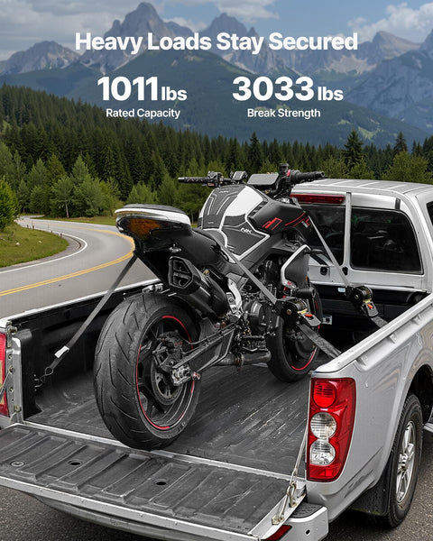 Pickup truck with motorcycle secured using Two Pack Retractable Ratchet Straps 2 Inch By 10 Foot Tie Down Straps With S Hooks And Soft Loops