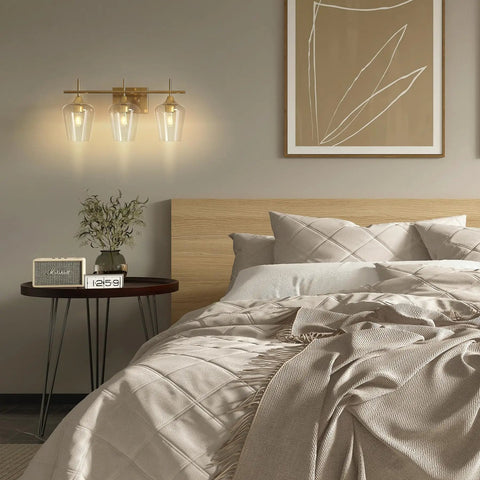 Three Light Vanity Light With Clear Glass Shades In Modern Gold Finish for Bedroom Over Mirror Contemporary Wall Lamp