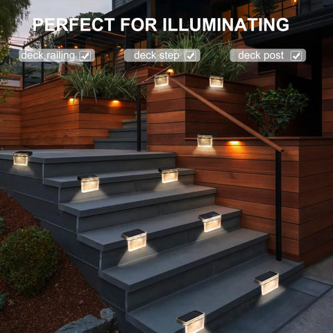 Diamond Solar Fence Lights 6 Pack Dope Outdoor Waterproof Deck And Step Lights illuminating stairs and deck at night.