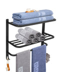 Foldable Double Towel Rack With Towel Bar And 5 Hooks Space Aluminum Wall Mount Shelf For Bathroom And Kitchen No Drill Easy Install 23 Inch Chrome Finish Durable And Space Saving Design, shown holding towels and accessories.