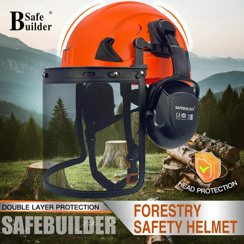 Kickass Vented Forestry Hard Hat With Integrated Mesh Face Shield And Washable Foam Liner Built Rock Solid For The Daily Grind Ansi Certified Orange Safety Helmet with hearing protection.