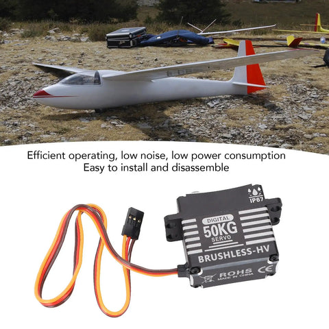 Bad Boy Brushless Digital Servo Featuring Legit Rock Solid Metal Gears And Knockout Torsion Power Crafted For Demanding RC Steering Applications With Barely Any Deflection Or Wobble, showing 50kg servo with wires, used for RC gliders.