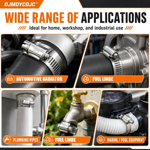 Heavy Duty 304 Stainless Steel Hose Clamps Worm Gear Assortment Kit 150PCS Adjustable 1/4 To 1-1/2 Inch on automotive radiator and fuel line