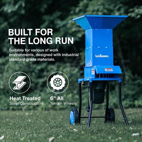 Electric Leaf Mulcher Shredder for Yard Cleanup, Heavy Duty 120V - Durable blue steel body with all-terrain wheels