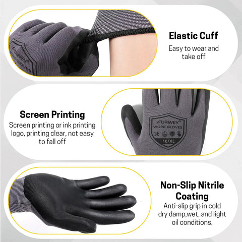 Micro Foam Nitrile Coated Work Gloves 32 Pairs Seamless Knit Nylon Touchscreen Ready Grip That Handles Wet And Oily Slips Like A Boss For Warehouse Packing Construction And Gardening Size Medium. Elastic cuff, screen printing, non-slip nitrile coating.
