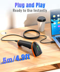 Pro USB 1D 2D QR Barcode Scanner With IP65 Dustproof Shockproof Waterproof Built Tough, Ergonomic Curved Handle, Fast And Precise Scan, Plug And Play For Windows And Linux, Model D5100Y With Anti Shock Silicone Cover on desk connected to laptop