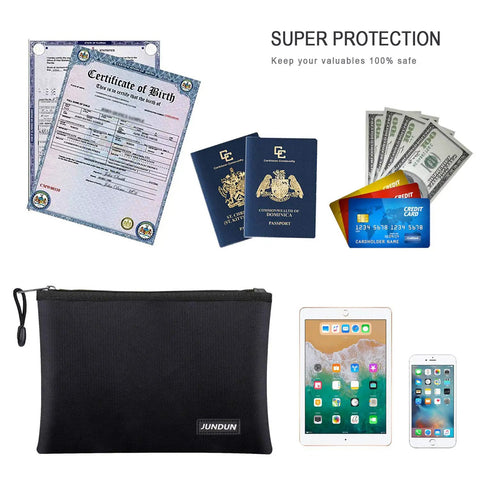 Hardcore Fireproof Waterproof Document And Cash Bag With Aluminum Foil Lining, 14.2 By 10 Inches, Boss Level Safe Storage Pouch With Zipper For Documents And Money, Black