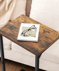 C Shaped End Tables Set Of 2 That Slide Under Your Sofa, rustic brown surface with magazine and glasses, Model HET02BBR