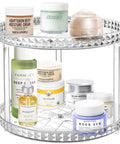 Two Tier Clear Diamond Lazy Susan Bathroom Organizer With Hella Smooth 360 Rotating Base For Vanity Countertop with skincare products.