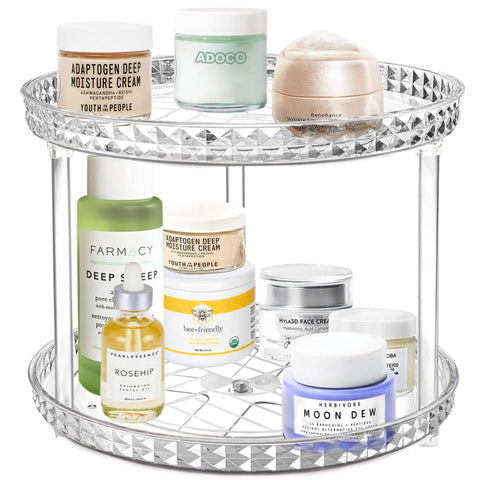 Two Tier Clear Diamond Lazy Susan Bathroom Organizer With Hella Smooth 360 Rotating Base For Vanity Countertop with skincare products.