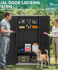 DIY Ready Outdoor Tall Storage Cabinet With Four Shelves Waterproof Resin Shed open showing tools and accessories, with people and dog.