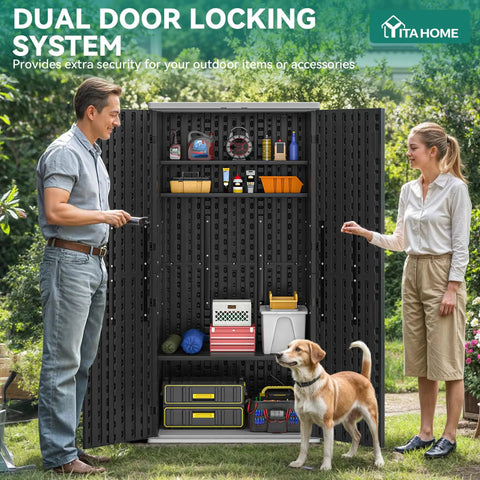 DIY Ready Outdoor Tall Storage Cabinet With Four Shelves Waterproof Resin Shed open showing tools and accessories, with people and dog.