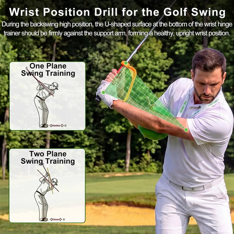 Golfer demonstrating Golf Swing Training Ball With Wrist Hinge Trainer And Adjustable Lanyard on a course for swing correction.