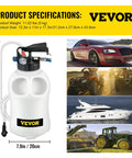 Front view of VEVOR 10-liter transmission fluid refill pump with gauge, white plastic reservoir and attached tubing.