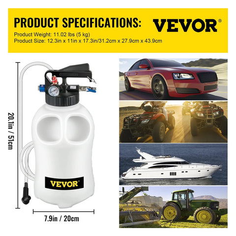 Front view of VEVOR 10-liter transmission fluid refill pump with gauge, white plastic reservoir and attached tubing.