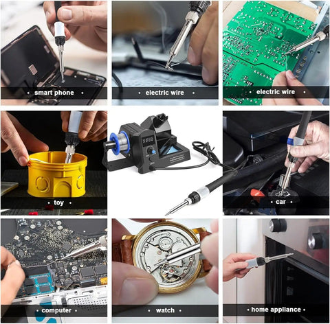 All In One 100W Soldering Station Kit being used on different electronics and devices, showing versatility in application