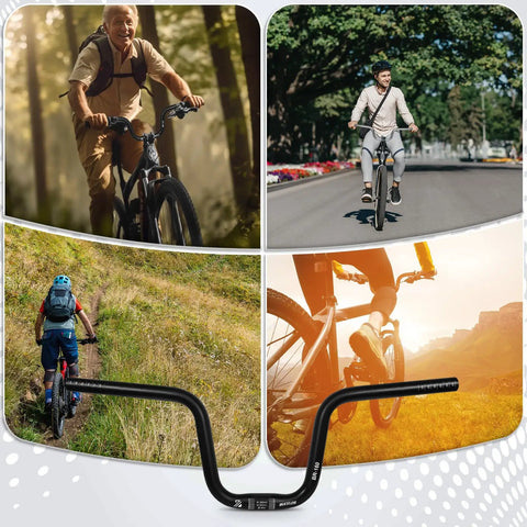 Wide 580mm Aluminum Alloy Handlebar With 25.4mm Clamp High Rise 120mm And 160mm Options For Mountain Bikes MTB Folding Bikes Ebikes And Commuters CNC Bent Hard Anodized Finish Anti Slip Durable Upgrade For Your Ride on bikes in different terrains.
